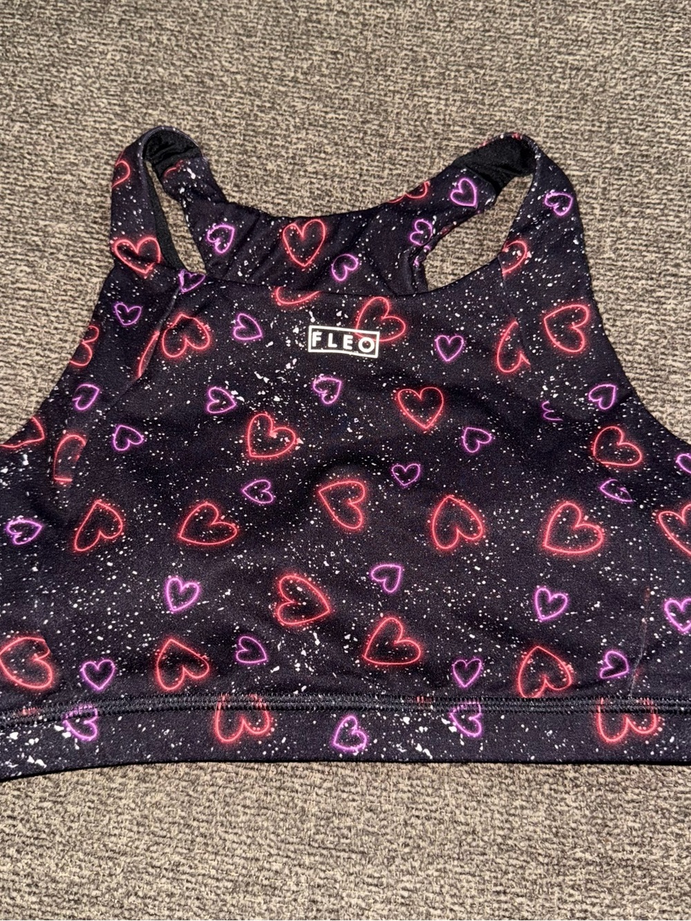 Fleo Black Sports Bra with Neon Red and Purple Heart Print